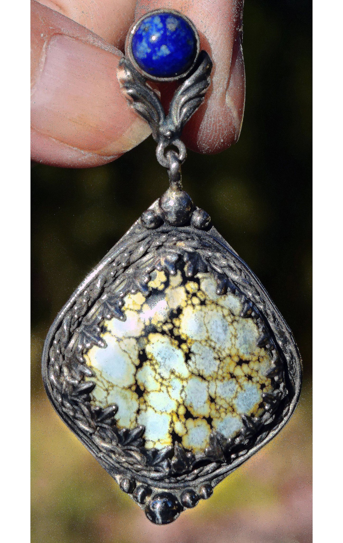 Unusual, Hubei Turquoise with Lapis, Hand made Sterling Silver pendant