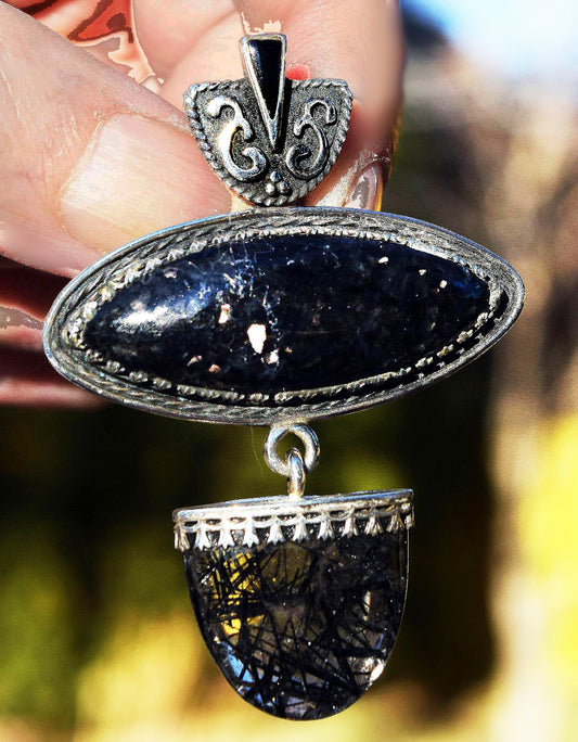 EXTREMELY RARE! Nuummite (Sorcerer's stone) gem with tourmaline in Quartz pendant, hand-made in Sterling Silver