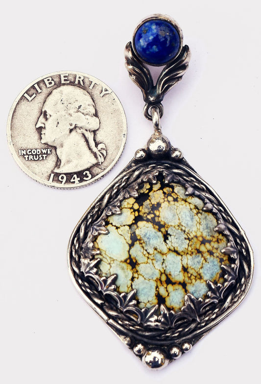 Unusual, Hubei Turquoise with Lapis, Hand made Sterling Silver pendant