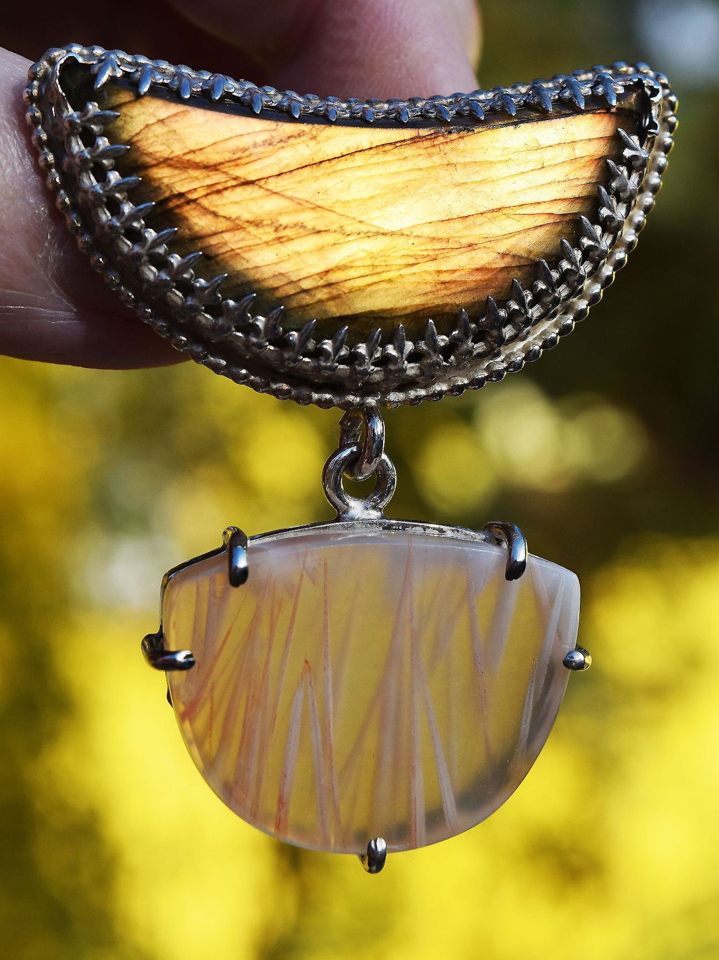 Stunning Labradorite moon with Indonesian Thatch agate, hand-made, sterling silver pendant.
