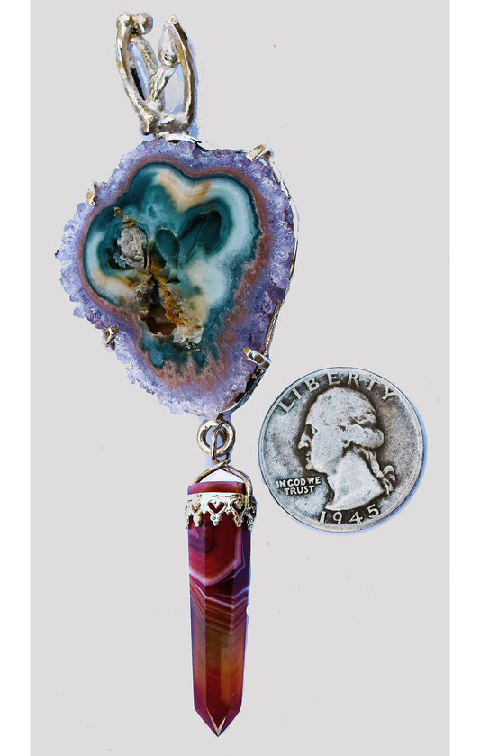 Stunning Amethyst stalactite slice with agate drop in a Sterling Silver pendant.