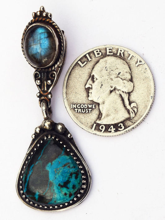 charming, dainty, handmade, sterling silver, filigree pendant with Chrysacolla and Labradorite