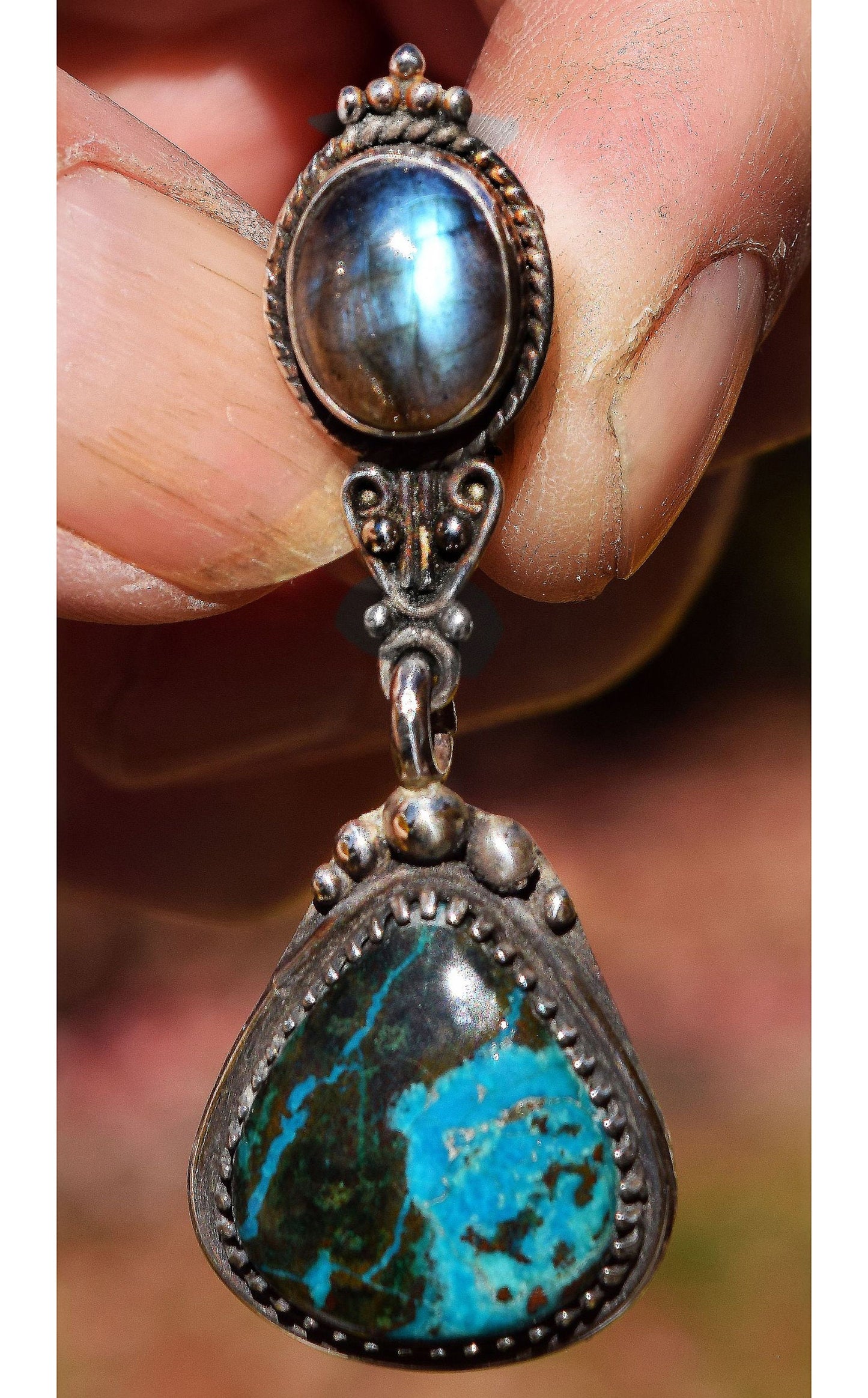 charming, dainty, handmade, sterling silver, filigree pendant with Chrysacolla and Labradorite