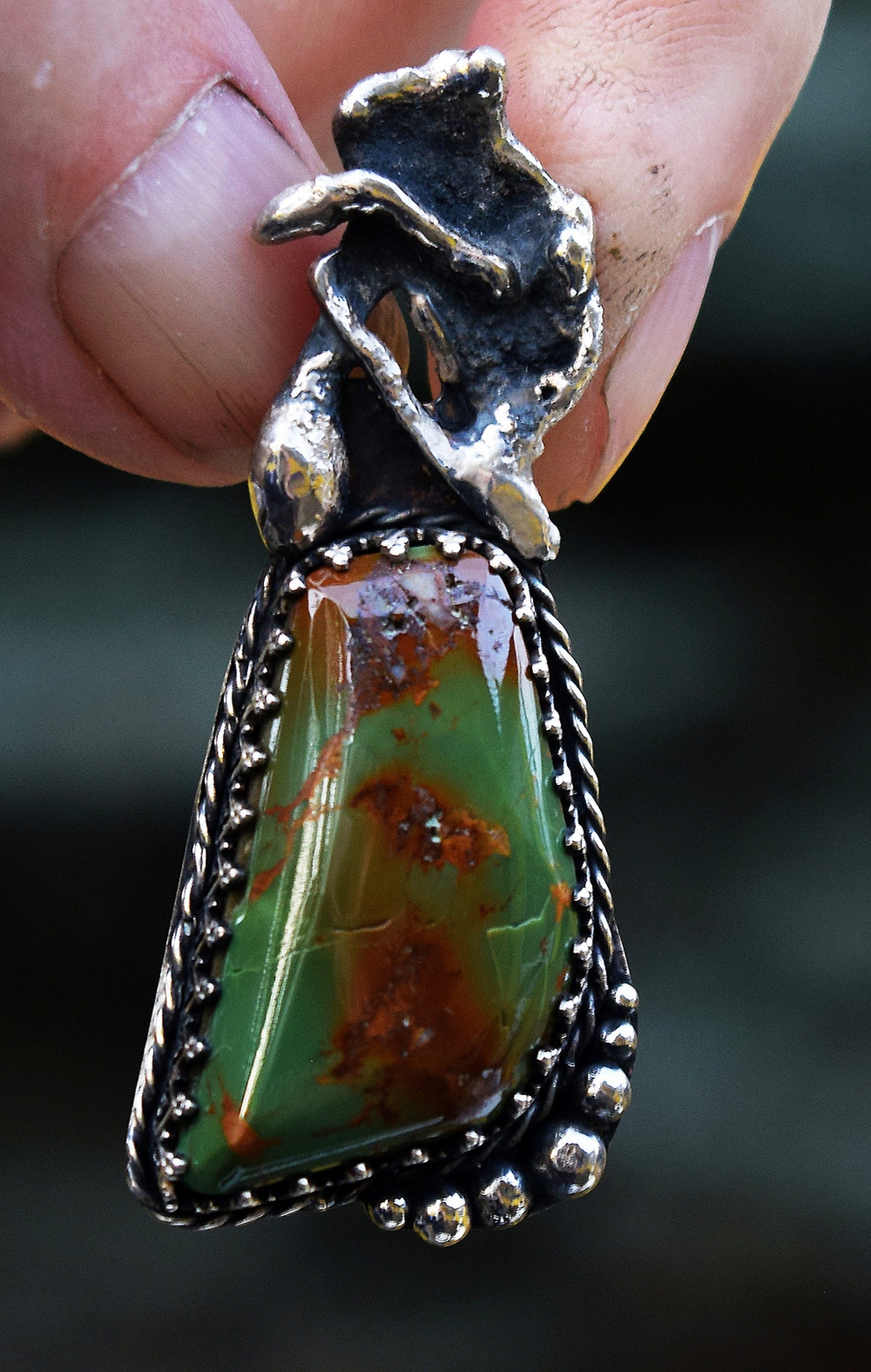 Very rare, dark green natural Turquoise gem in a rugged, handmade, sterling silver setting