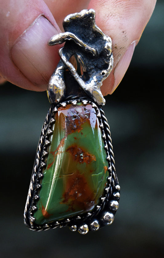 Very rare, dark green natural Turquoise gem in a rugged, handmade,  sterling silver setting