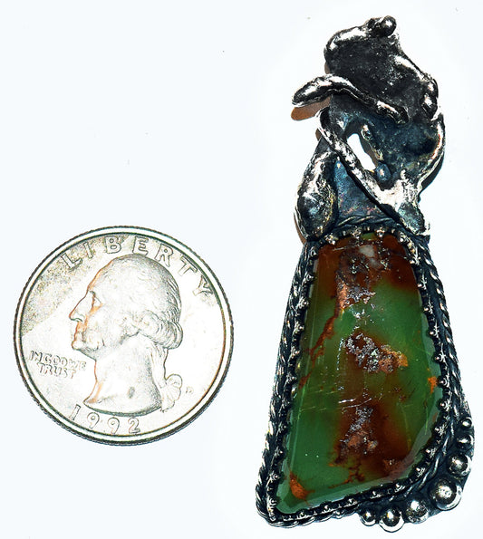 Very rare, dark green natural Turquoise gem in a rugged, handmade,  sterling silver setting