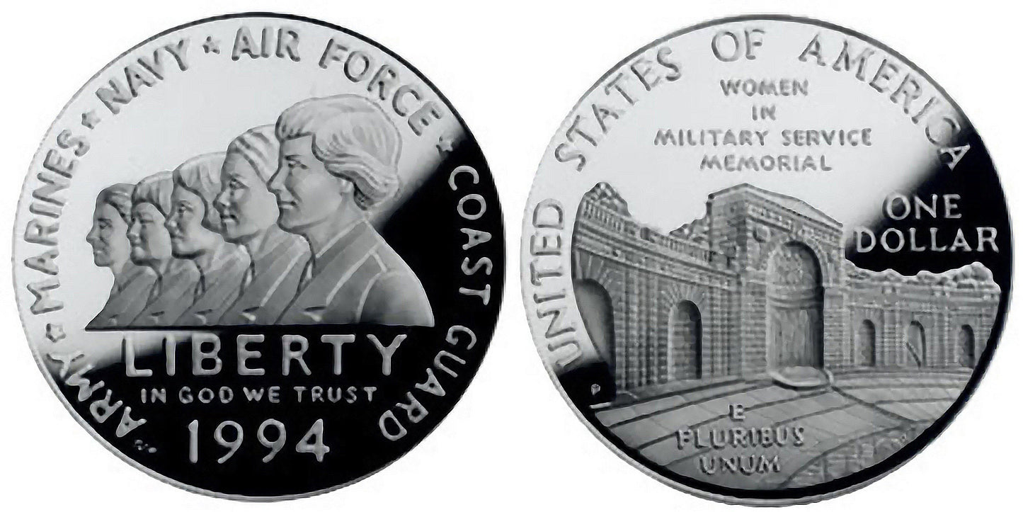 1994 Silver Dollar PROOF "Women in the Military", with original packaging and COA