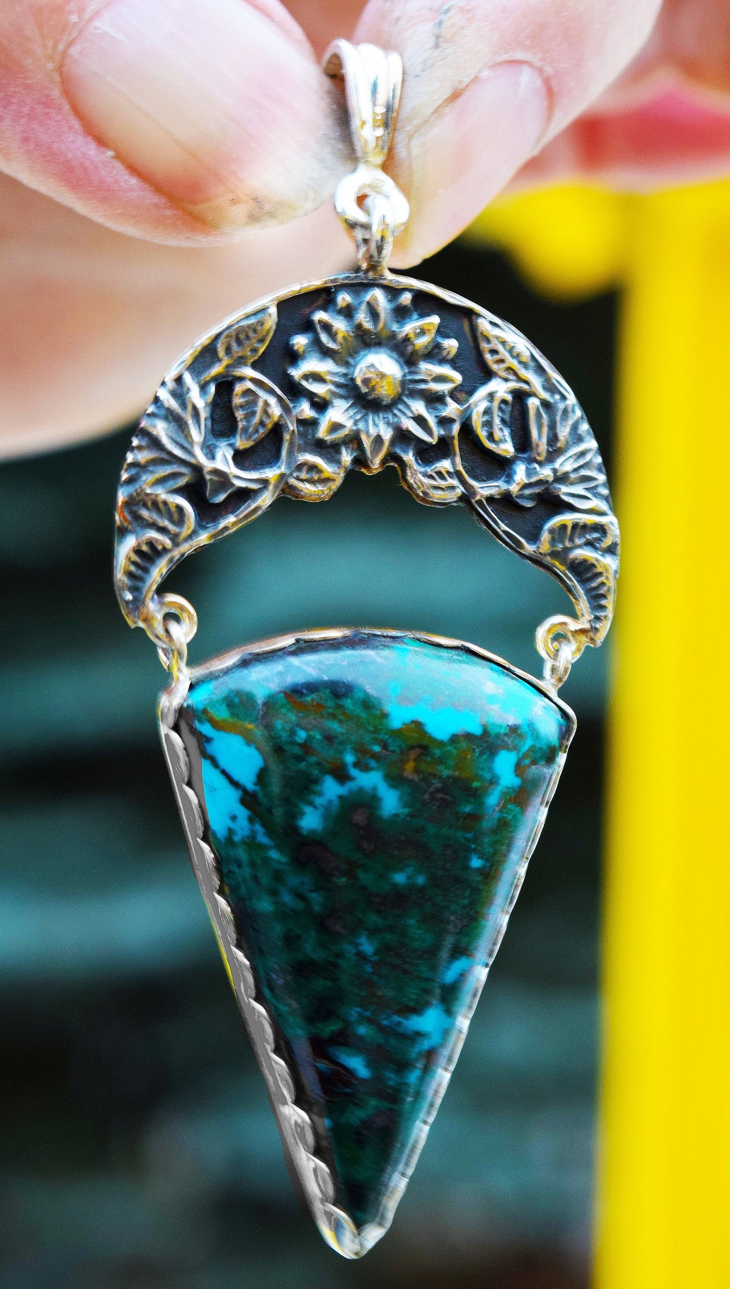 A beautiful bouquet for m'lady. Australian Chrysocolla in a bespoke pendant.