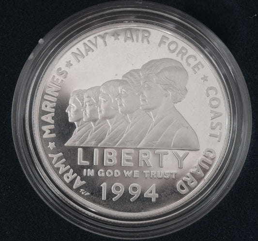 1994 Silver Dollar PROOF "Women in the Military", with original packaging and COA