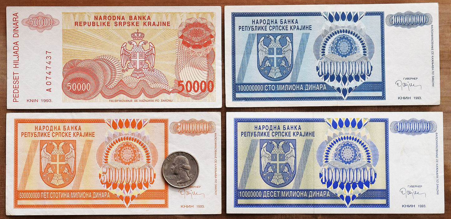Serbian Krajina currency (50,000, 500 million, 10 million, and 100 million dinars)