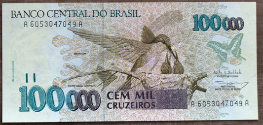 1993, 100,000 Cruzieros note from Brazil