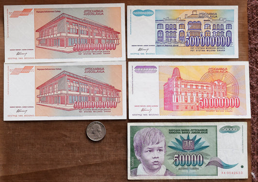 4 hyperinflation notes from 1993 Yugoslavia