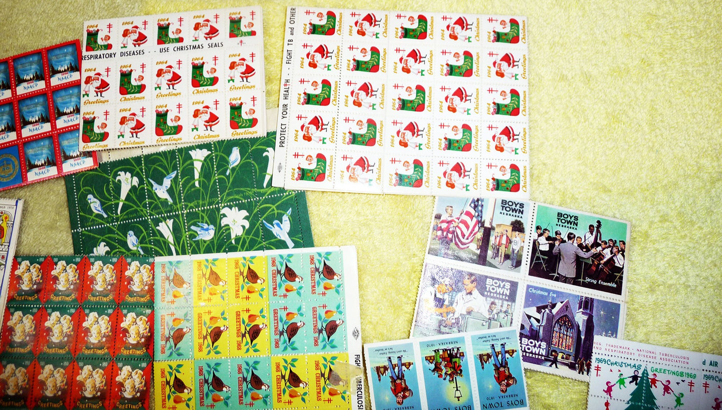 17 full sheets of 1960s and 1970s Christmas and Easter seals, Boy's Town seals, and featuring a sheet of 1966 NAACP Christmas seals!