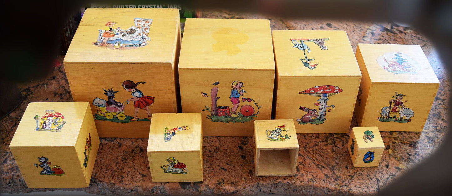 Decorator's Delight! Set of 8 wooden boxes - circa 1940 - in excellent conditions WITH DECALS!