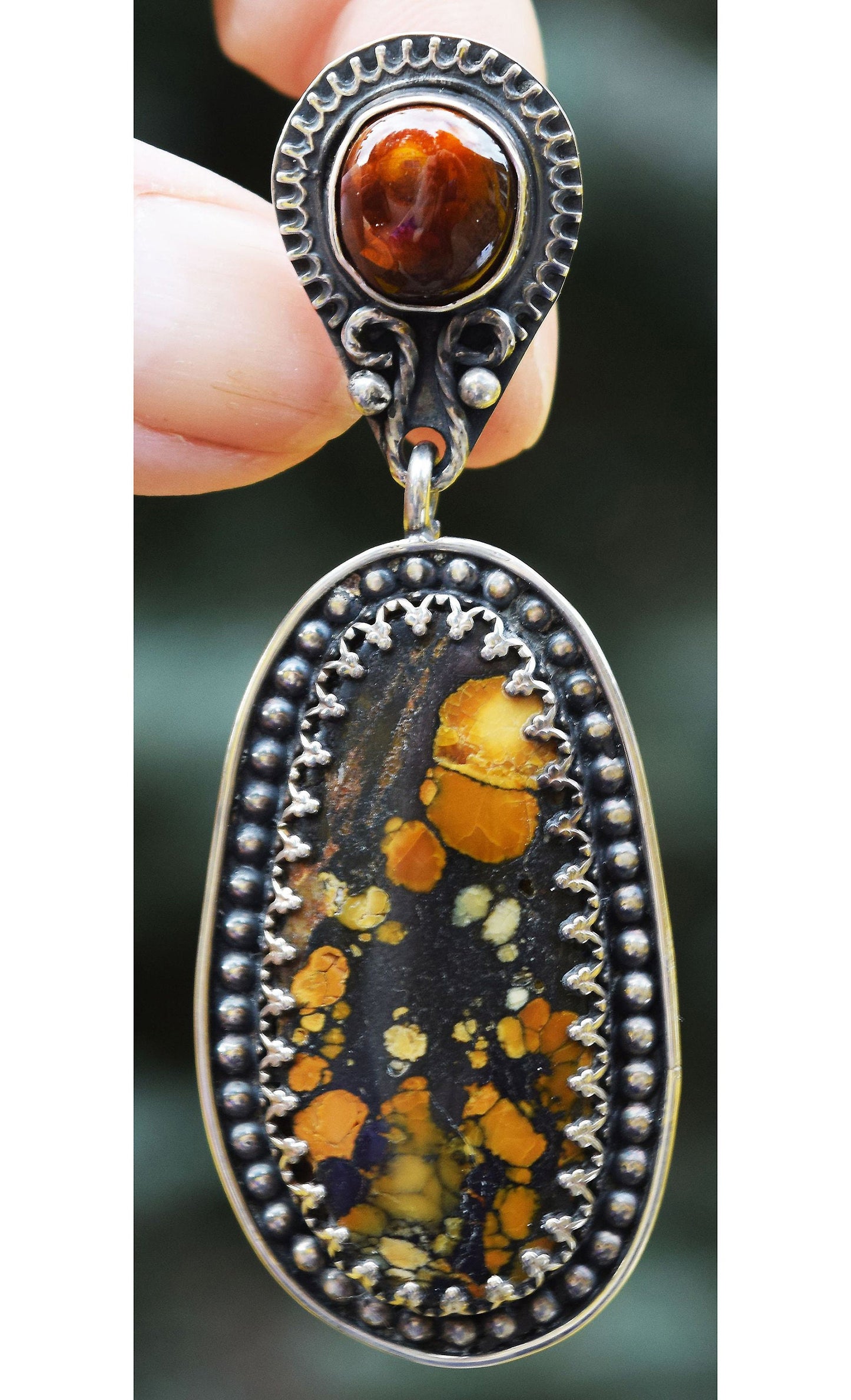 Unusual golden brown Turquoise handmade sterling silver pendant with Fire Agate