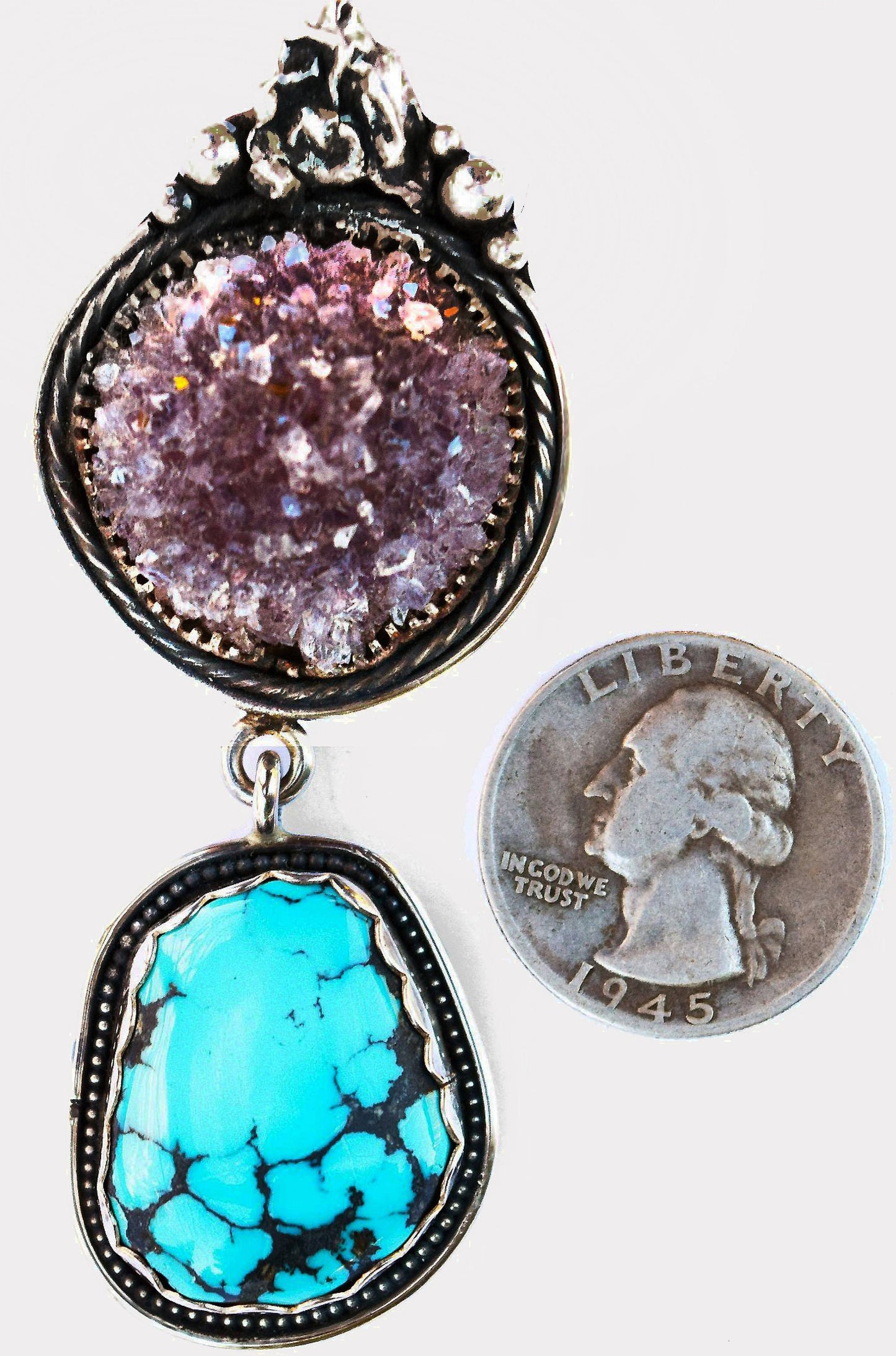 Tiny Amethyst crystals with high grade Turquoise in a hand made pendant.