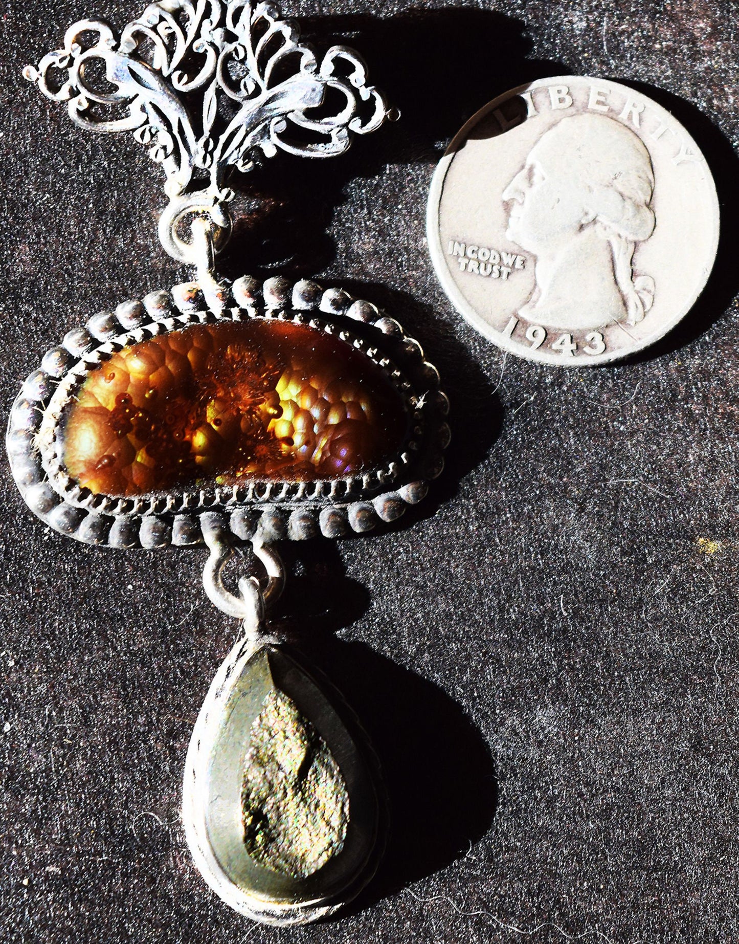 High grade fire Agate with Iron Pyrite, unique, hand made, Sterling Silver pendant