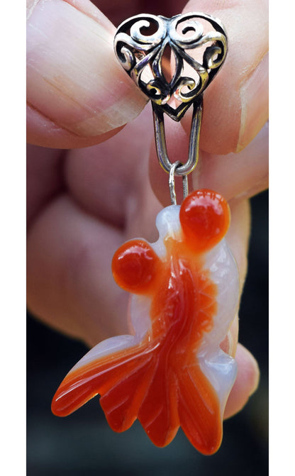 Hand carved agate Koi in handmade Sterling Silver pendant.