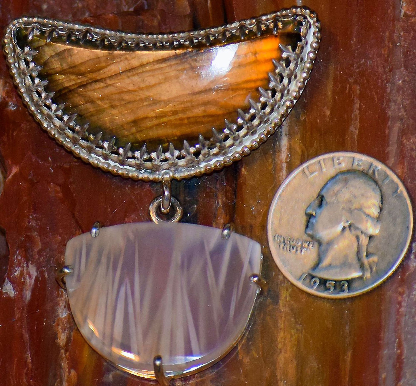 Stunning Labradorite moon with Indonesian Thatch agate, hand-made, sterling silver pendant.