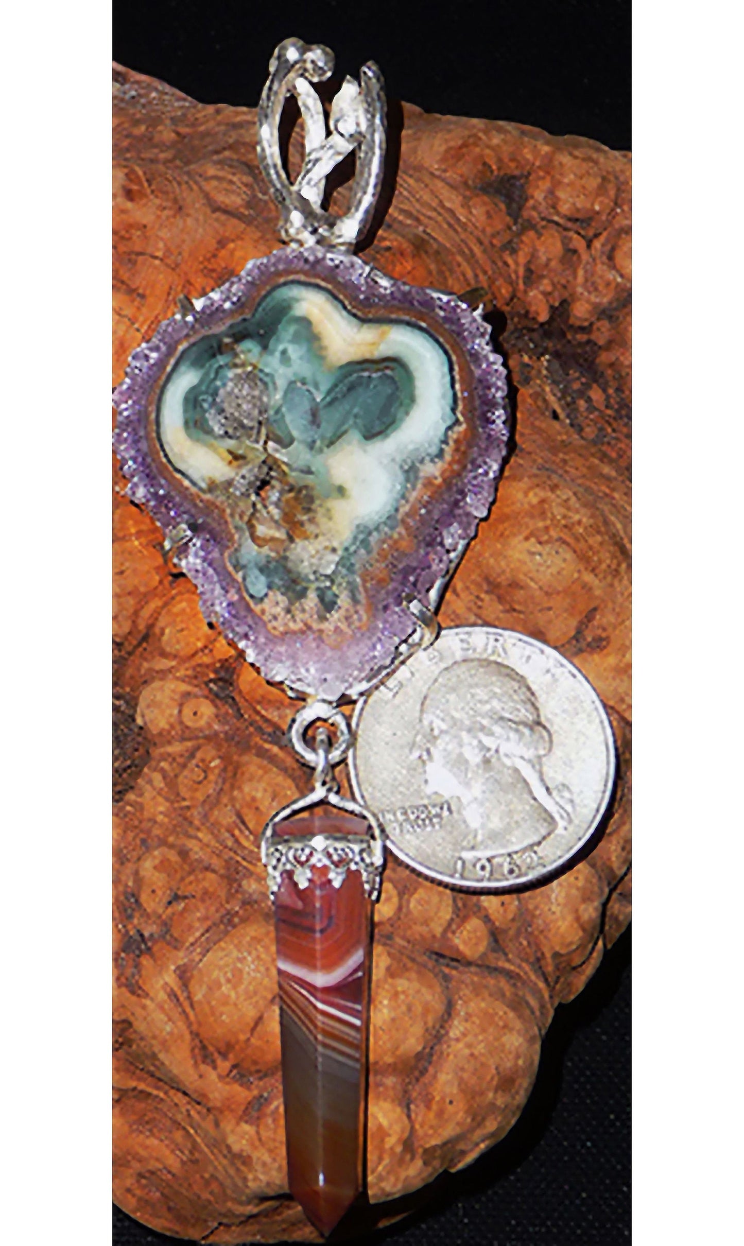 Stunning Amethyst stalactite slice with agate drop in a Sterling Silver pendant.