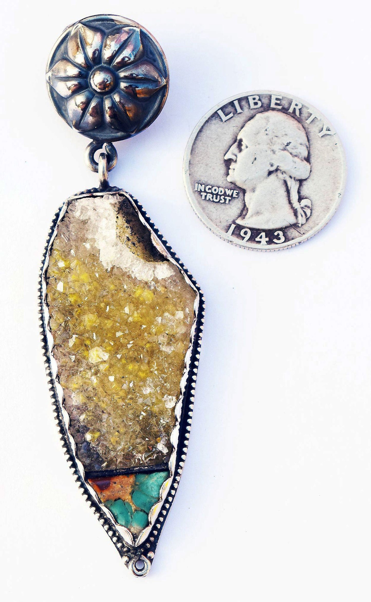 EXTREMELY RARE! Natural plate of lemony Citrine crystals, combined with natural Royston turquoise in a hand made pendant!
