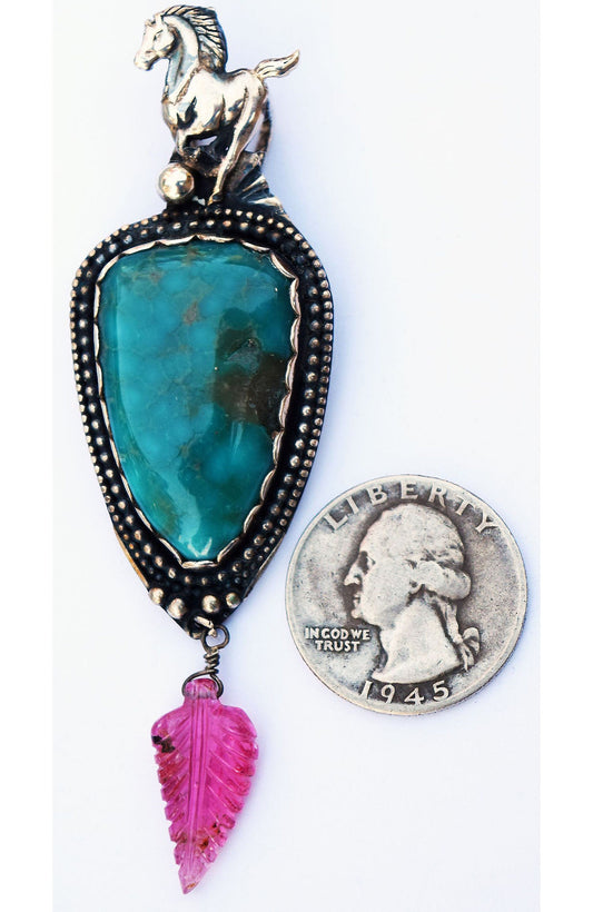 GORGEOUS! Morenci 2 turquoise and HOT PINK natural, carved tourmaline in a Sterling Silver, handmade pendant.