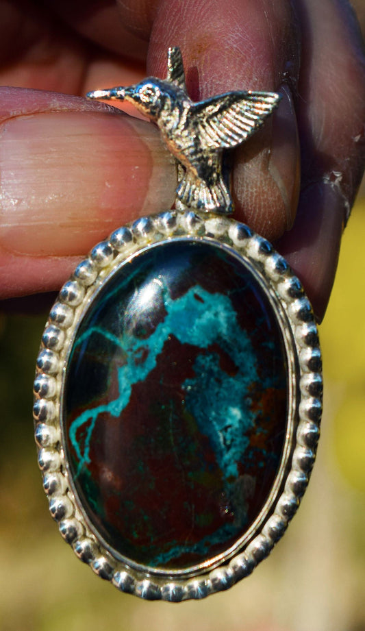 Chrysocolla lightning bolt through Tenorite base, hand set in sterling silver just for you!