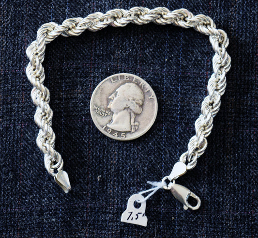 7 1/2 inch heavy rope link sterling silver bracelet