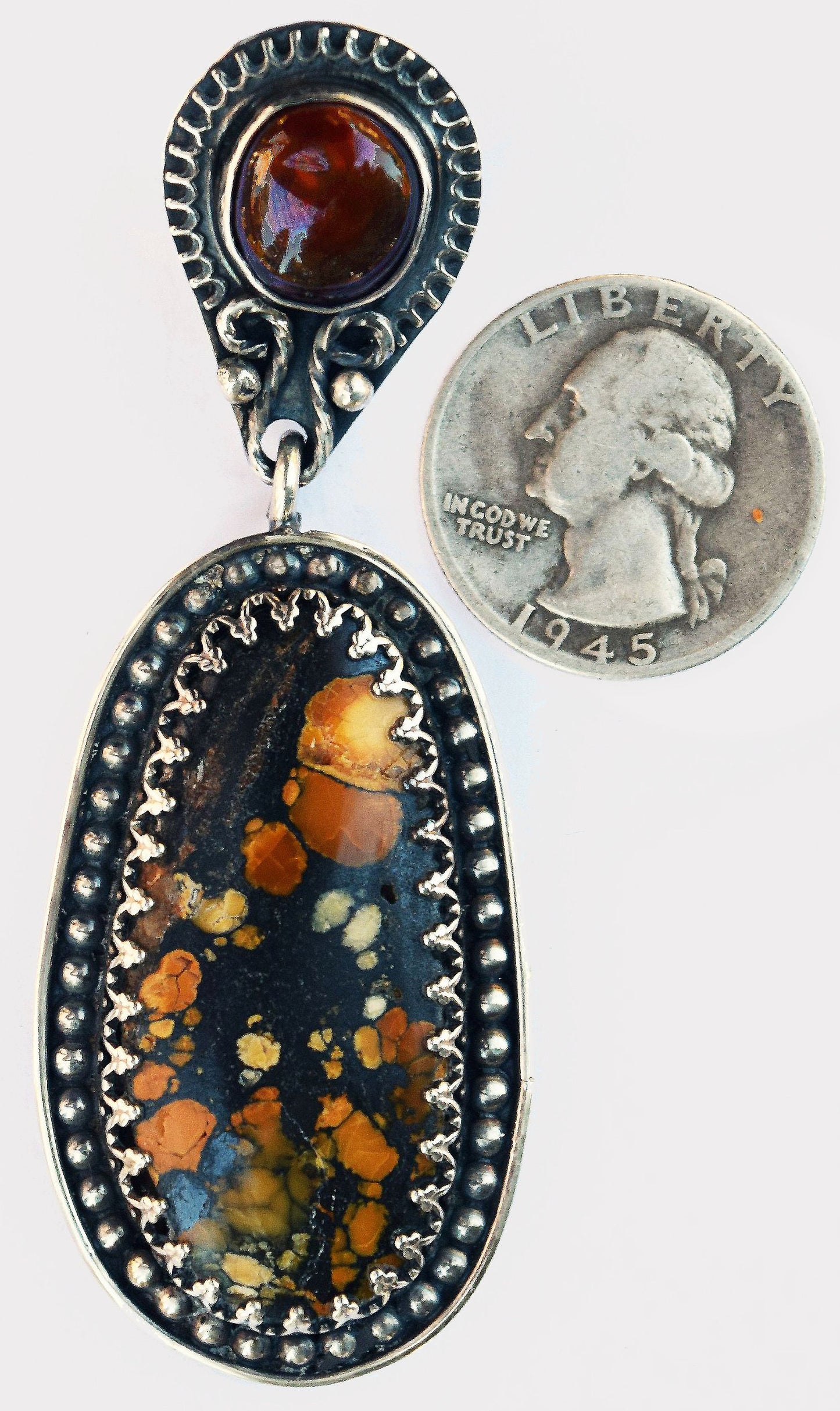 Unusual golden brown Turquoise handmade sterling silver pendant with Fire Agate