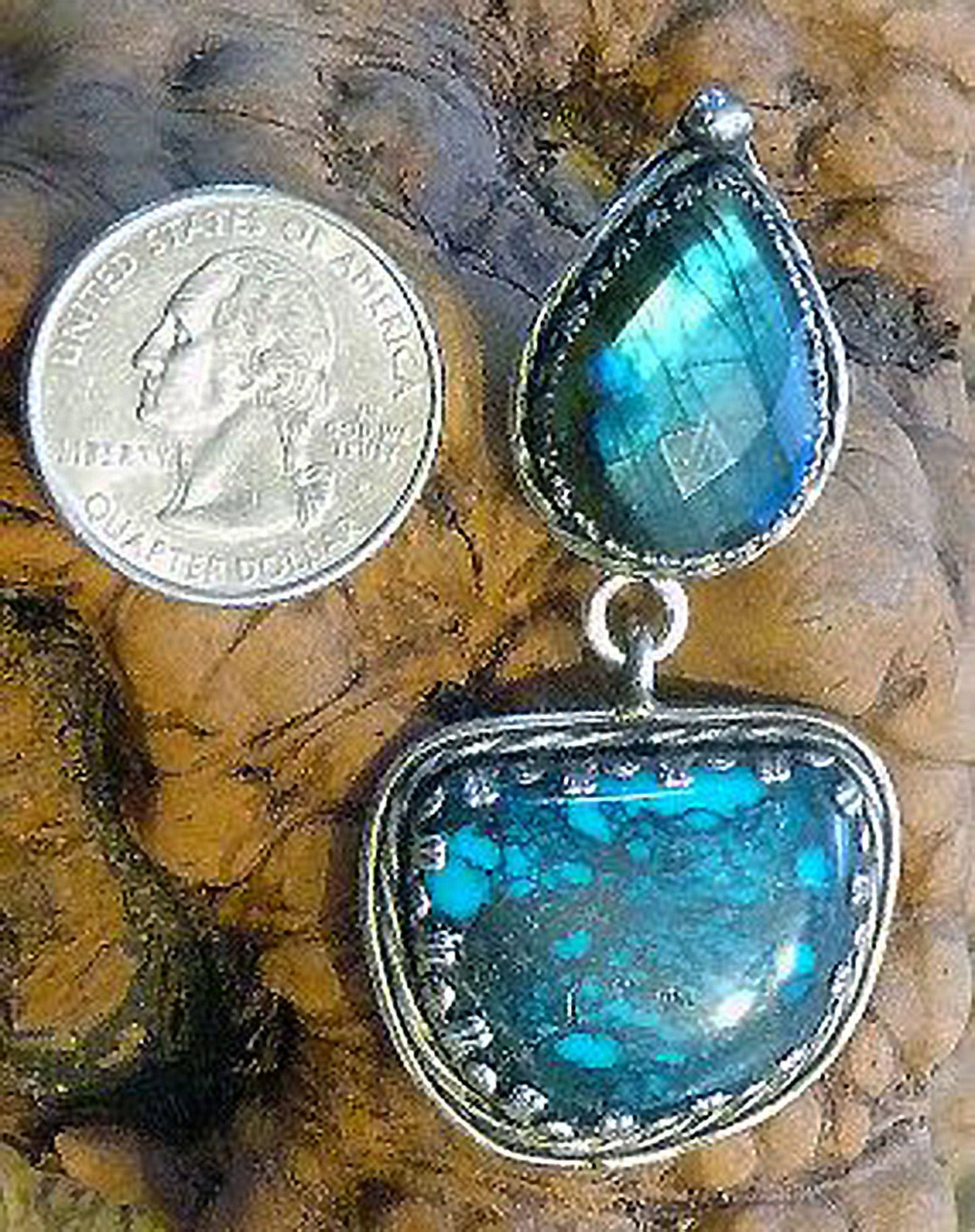 Large, gem grade Cloud Mountain Turquoise with faceted blue Labradorite in hand-crafted sterling Silver pendant.
