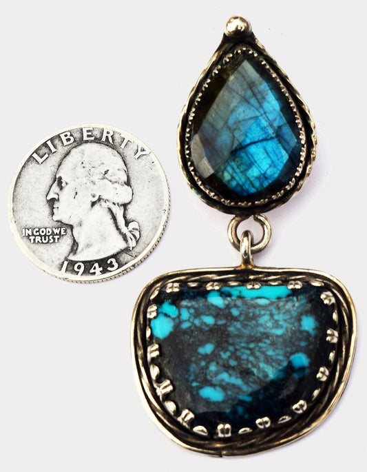 Large, gem grade Cloud Mountain Turquoise with faceted blue Labradorite in hand-crafted sterling Silver pendant.