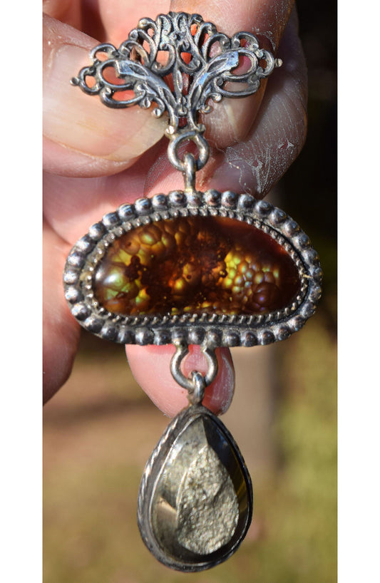 High grade fire Agate with Iron Pyrite, unique, hand made, Sterling Silver pendant