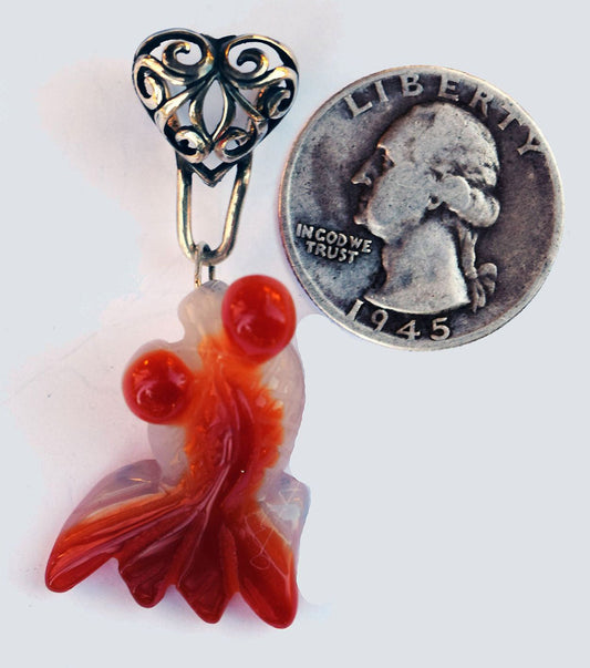 Hand carved agate Koi in handmade Sterling Silver pendant.