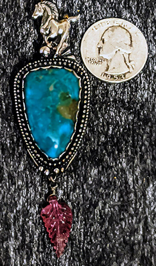 GORGEOUS! Morenci 2 turquoise and HOT PINK natural, carved tourmaline in a Sterling Silver, handmade pendant.