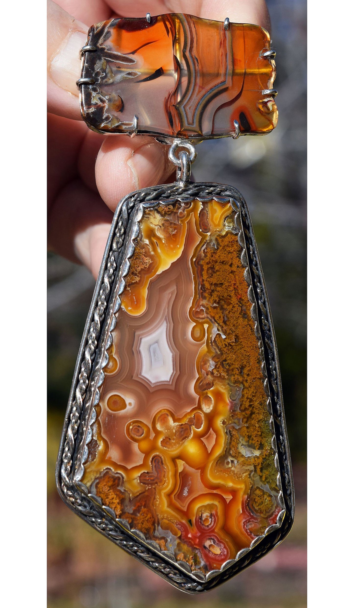 Looking for your Power Piece? Here it is! Beautiful, large Agates in a hand made sterling Silver pendant!