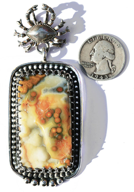 An ode to the Sea... Ocean Jasper pendant in handmade Sterling Silver, with a big ol&#39; crab up top!