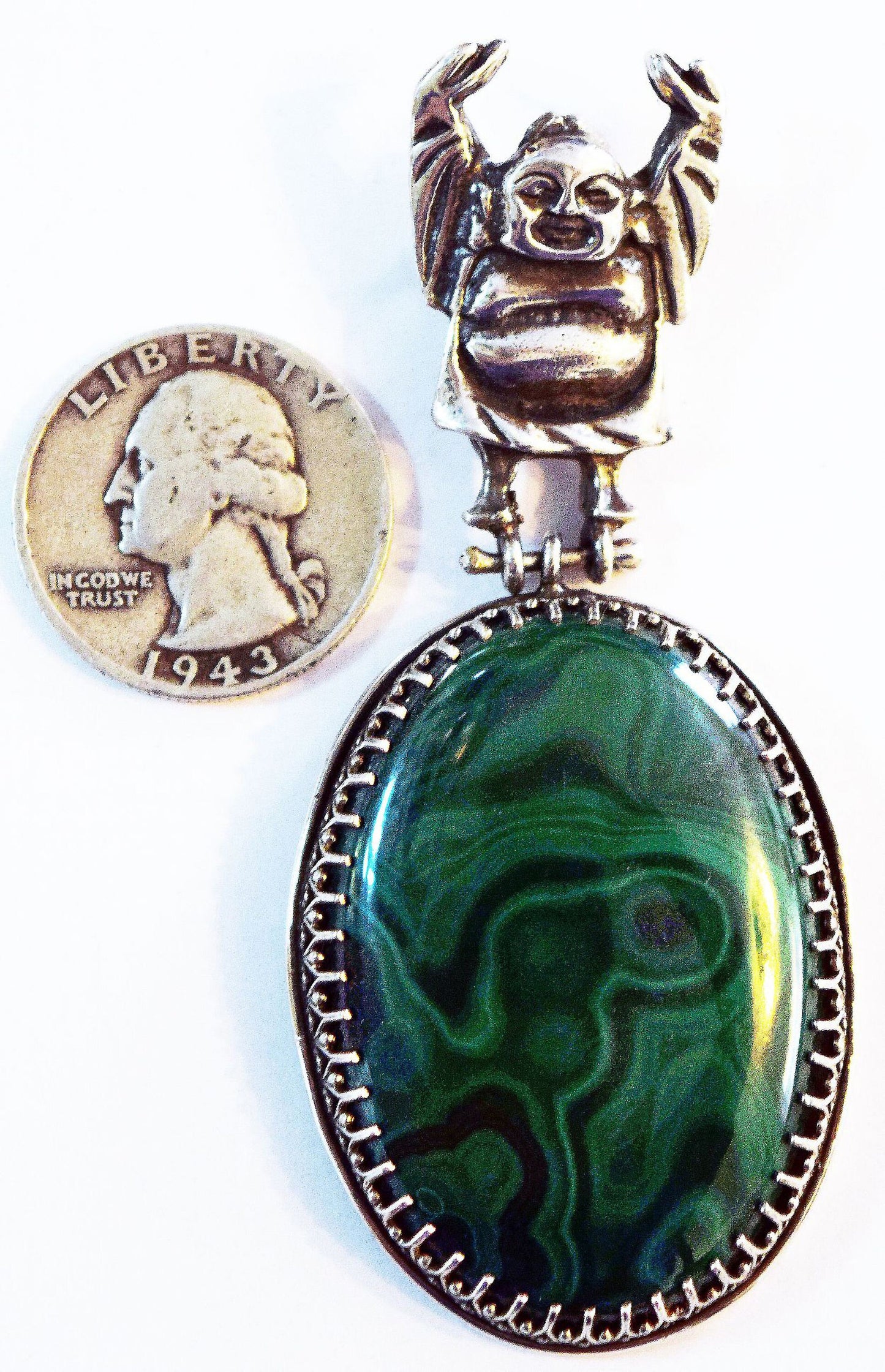 STUNNING Malachite pendant with Ho-Tai Buddha in Sterling Silver