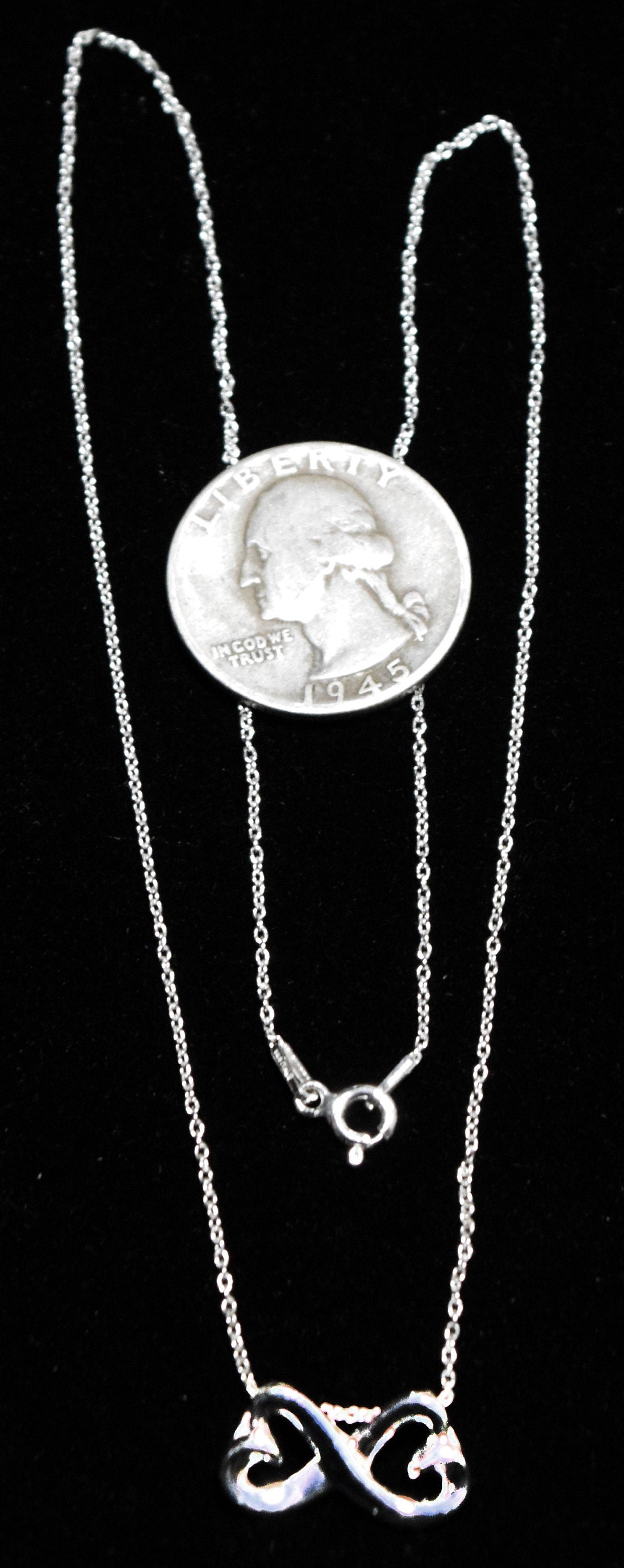 Charming sterling silver eternity hearts necklace, 16 inch.