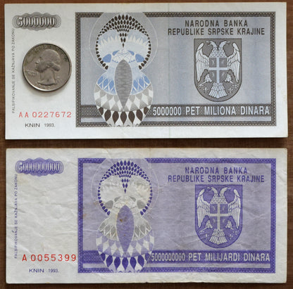 1993 Serbian Krajina currency - hyperinflation notes.