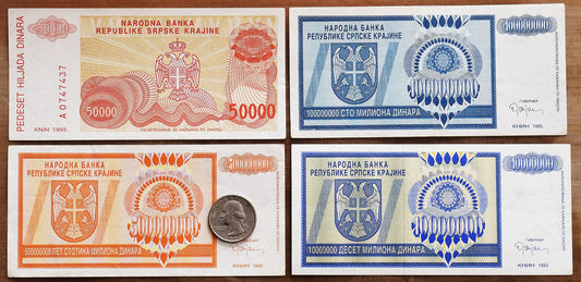 Serbian Krajina currency (50,000, 500 million, 10 million, and 100 million dinars)