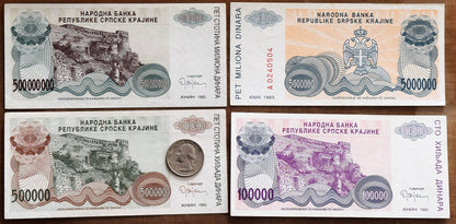 Serbian Krajina currency (500 Million, 500 thousand, 5 million, and 100 thousand), hyperinflation