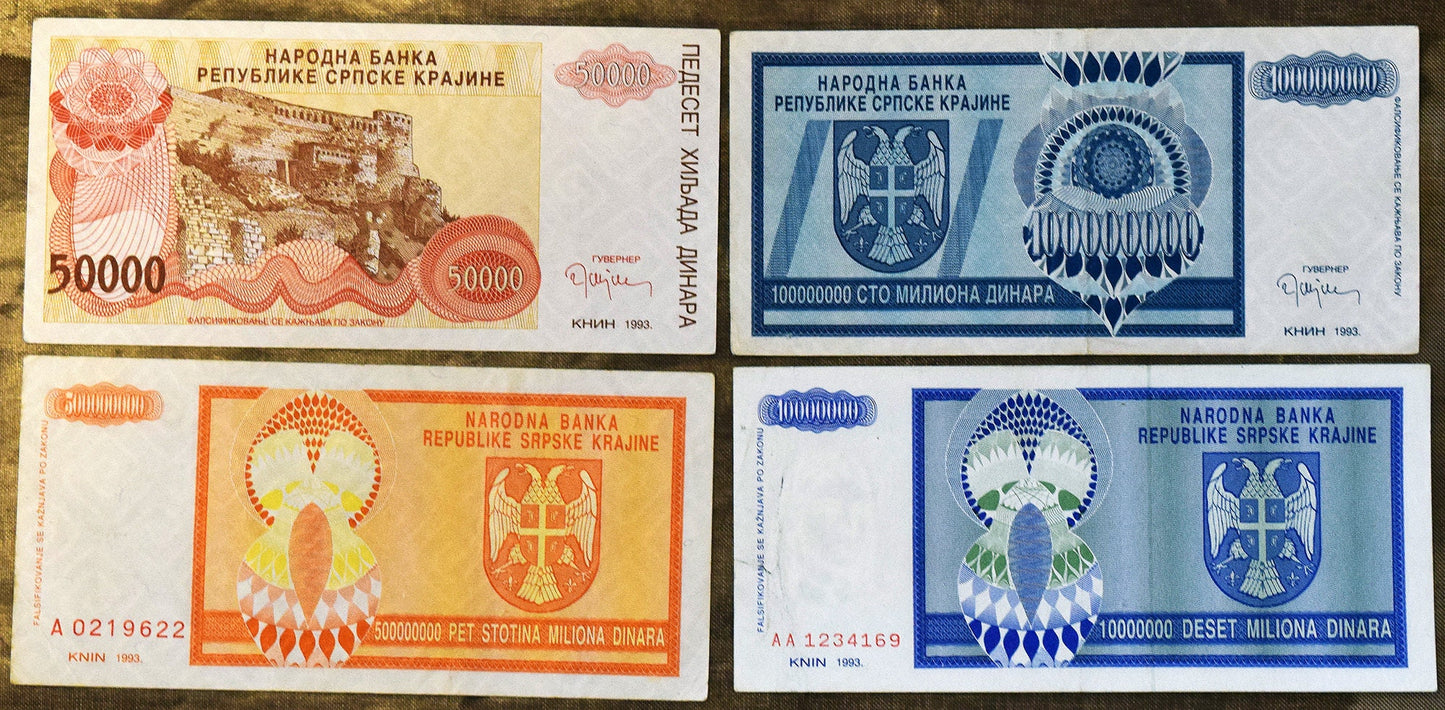Over a Trillion! Serbian Krajina currency (5,000, 50 million, 100 million, 1 trillion). 1993