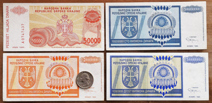 Over a Trillion! Serbian Krajina currency (5,000, 50 million, 100 million, 1 trillion). 1993