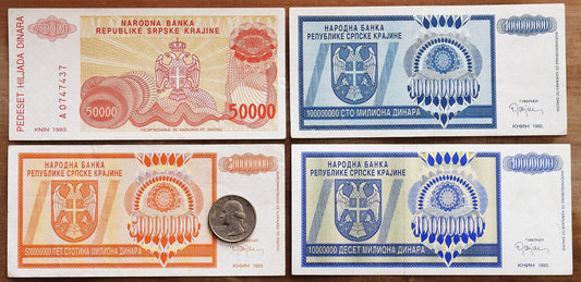 Over a Trillion! Serbian Krajina currency (5,000, 50 million, 100 million, 1 trillion). 1993