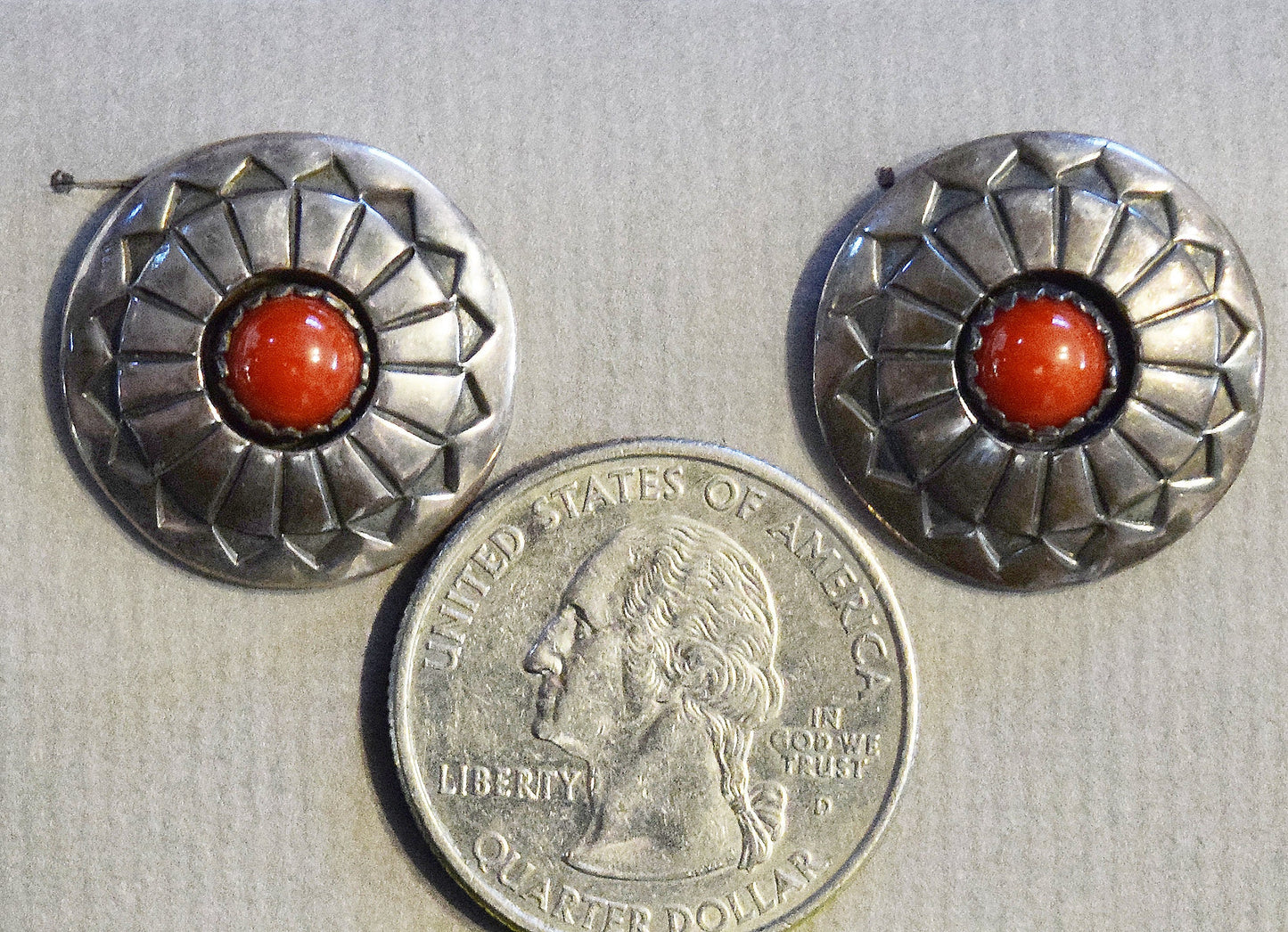 Classic 1940&#39;s era Sterling silver and Red Coral clip earrings made and signed by Chippewa jeweler, Phillip J. Morse, Jr.