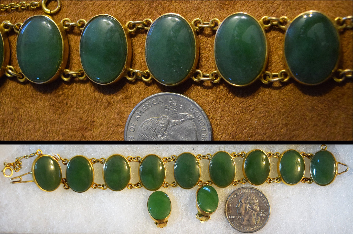 Hand-crafted 14K gold and high grade Alaskan Jade Bracelet and earring set. Vintage 1950s!