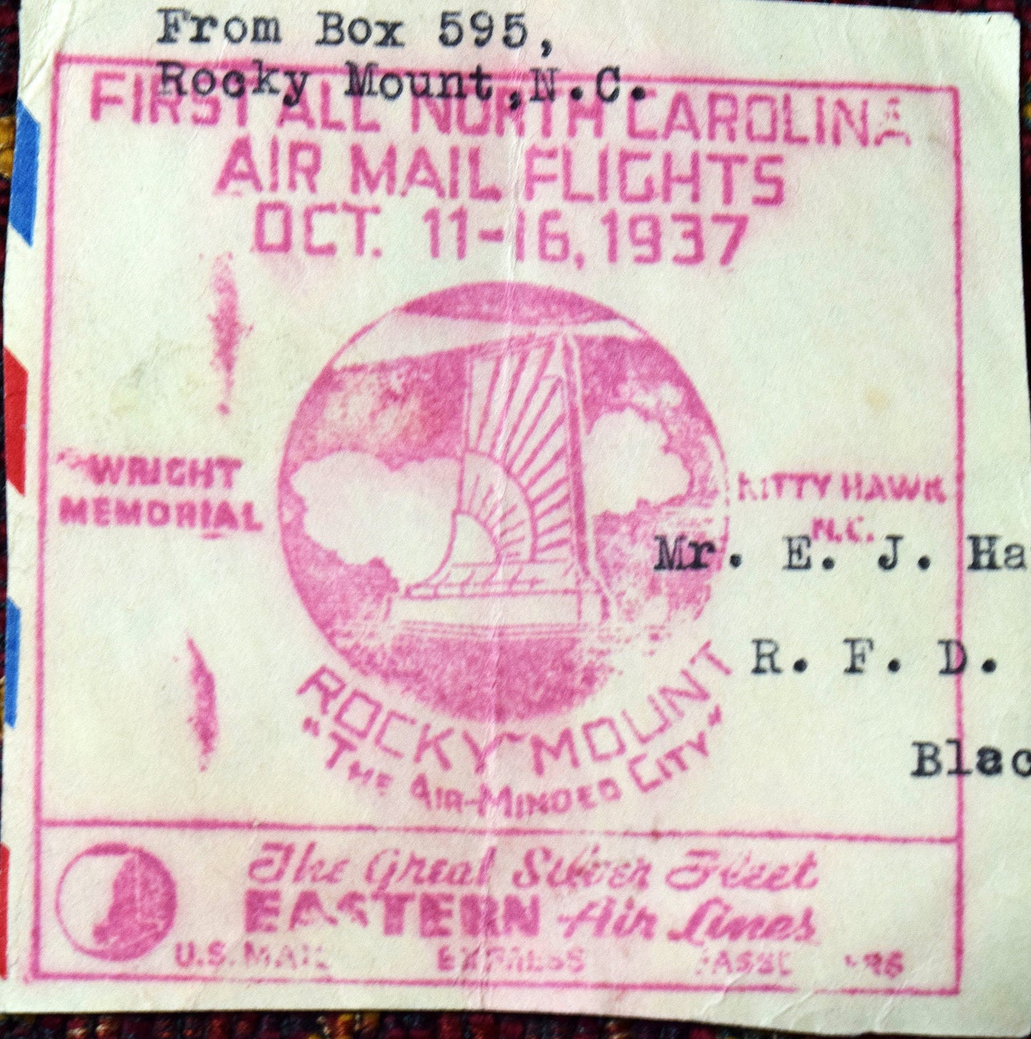 First day Air mail cancellation, North Carolina, 1937