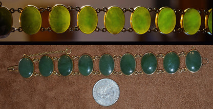 Hand-crafted 14K gold and high grade Alaskan Jade Bracelet and earring set. Vintage 1950s!