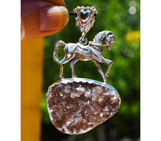 Horse-themed pendant featuring rare, champagne colored Drusy Quartz from Brazil!