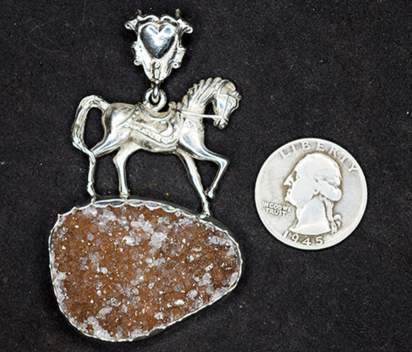 Horse-themed pendant featuring rare, champagne colored Drusy Quartz from Brazil!